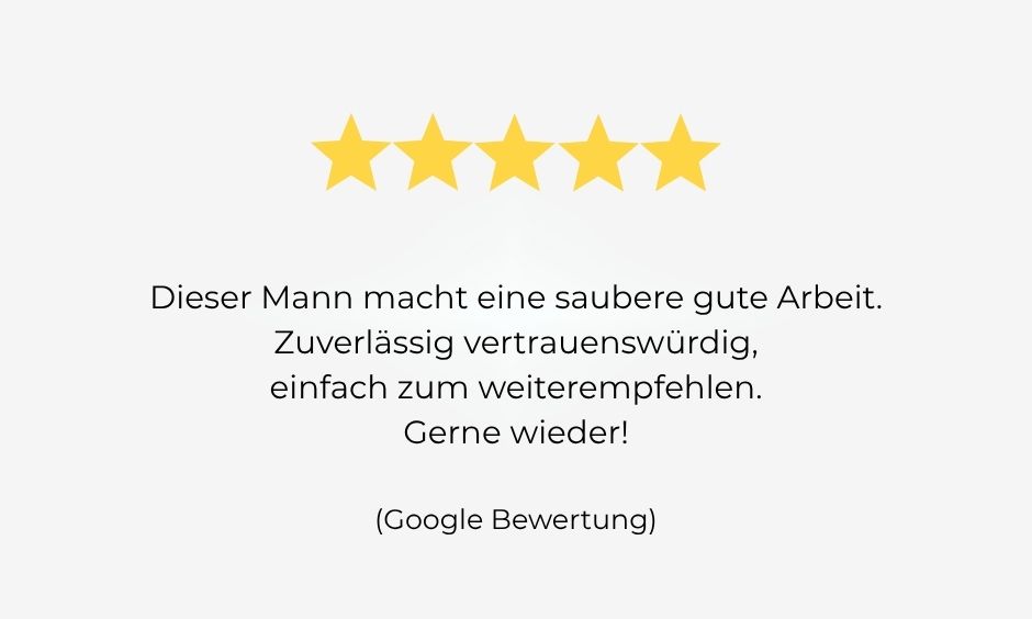 Fünf Sterne-Bewertung mit positivem Kundenkommentar über eine gute Arbeit.